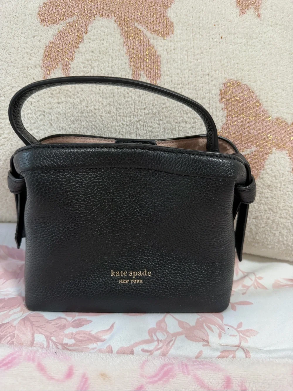 kate spade Black Pebbled Leather Shoulder Bag with Gold Logo